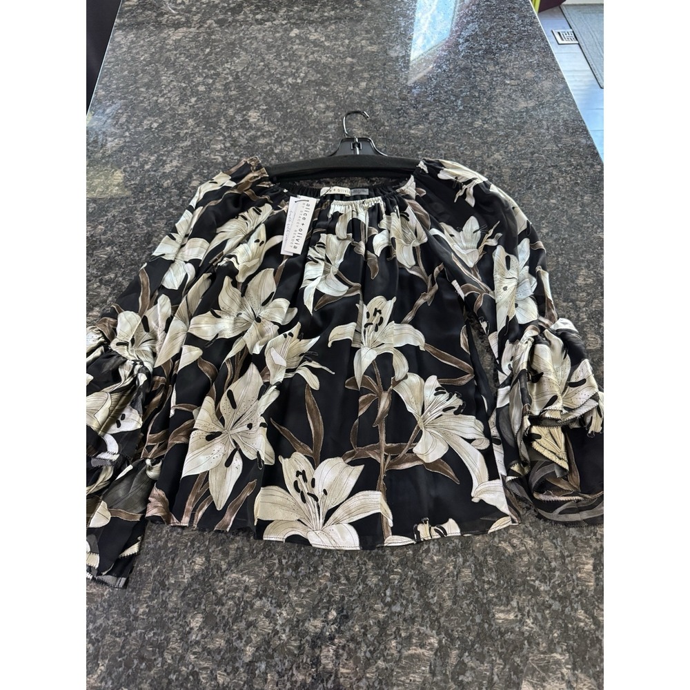 Alice + Olivia Ardelia Floral Off-the-Shoulder Blouse Stargazer Sz Small. Lilly - Picture 2 of 9